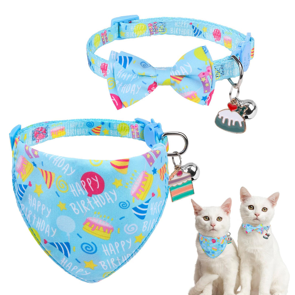 SCENEREAL Cat Bandana Collars for Birthday - 2 Pack Breakaway Kitten Collars with Bell Bowtie, Accessories for Pet Collars, Adjustable Cute Cat Collars for Cats and Small Dogs Boys Girls, (Blue)