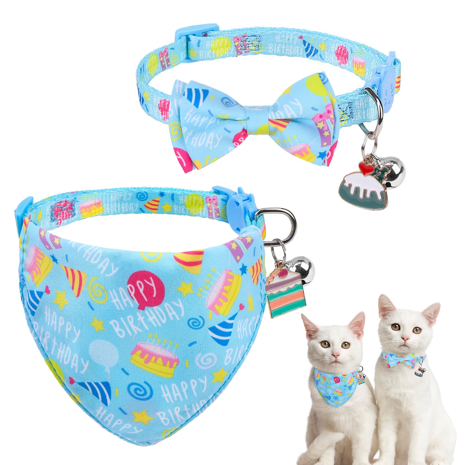SCENEREAL Cat Bandana Collars for Birthday - 2 Pack Breakaway Kitten Collars with Bell Bowtie, Accessories for Pet Collars, Adjustable Cute Cat Collars for Cats and Small Dogs Boys Girls, (Blue)