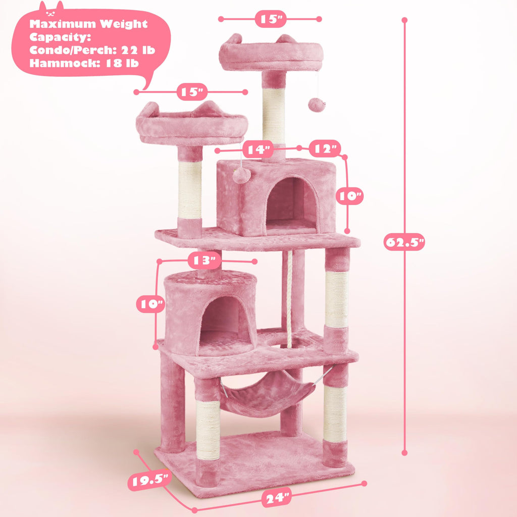 Yaheetech 62.5inches Cat Tree Cat Tower Cat Condo with Platform & Hammock, Scratching Posts for Kittens Pet Play House with Plush Perch for Indoor Activity Relaxing, Pink