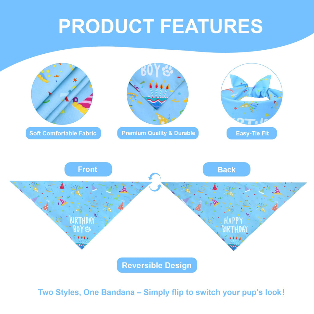 WoffBow Dog Birthday Boy Bandana for Medium Dogs, Reversible Blue Scarf