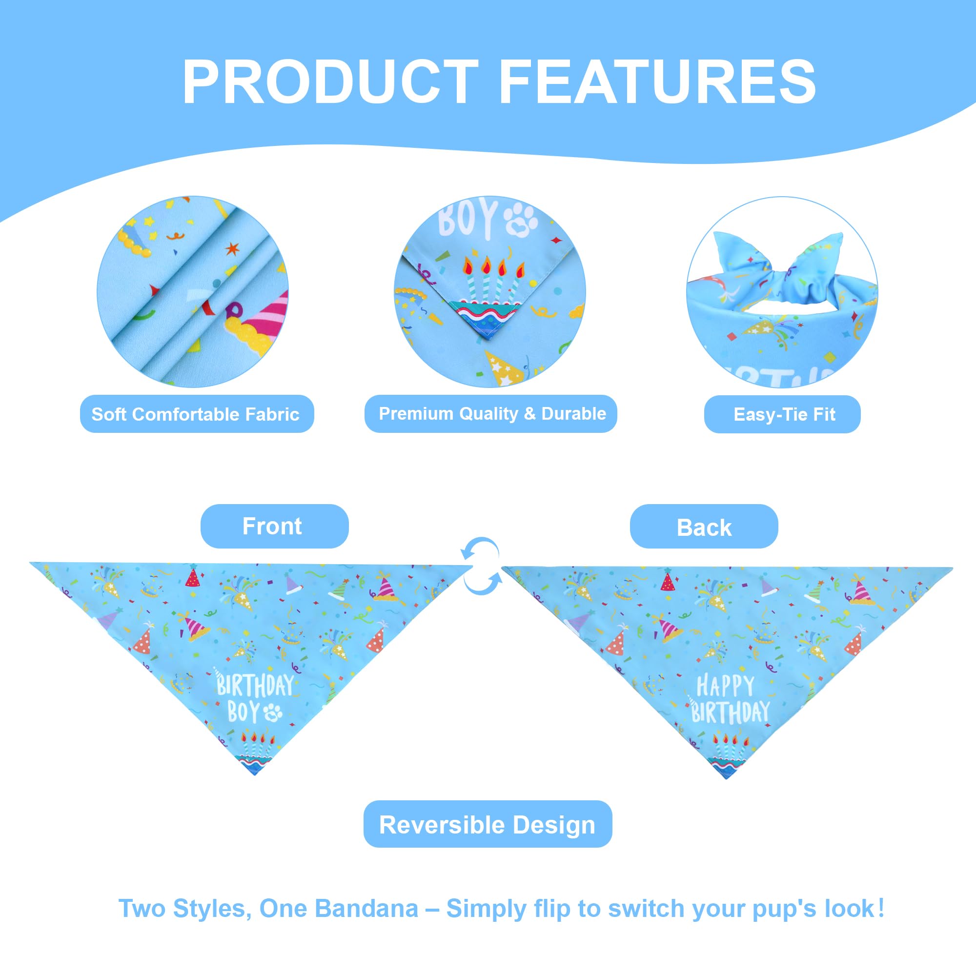 WoffBow Dog Birthday Boy Bandana for Medium Dogs, Reversible Blue Scarf