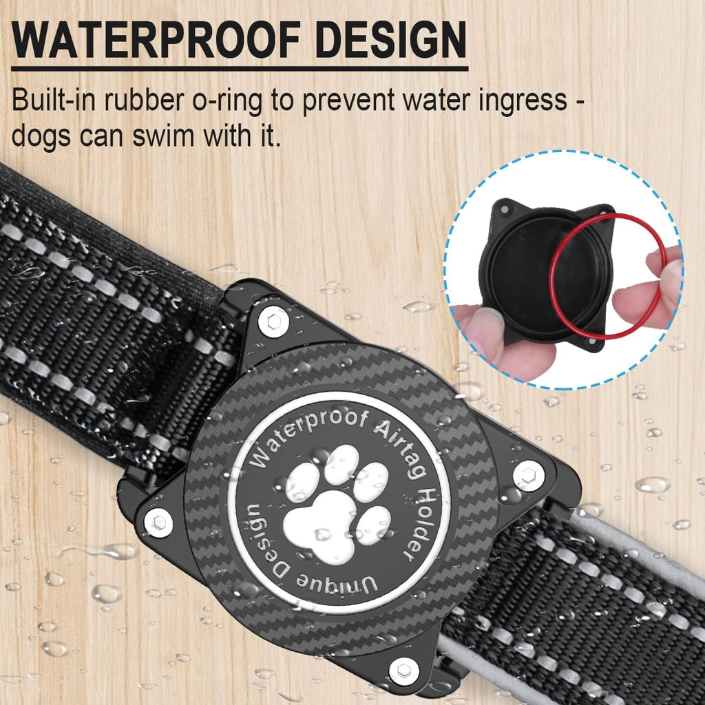 OKVSKO Airtag Dog Collar with Waterproof Air Tag Holder, Luminous Reflective, Soft Padded, Adjustable Nylon Pet Collar for Small Medium Large Heavy Duty Dogs,Black, S