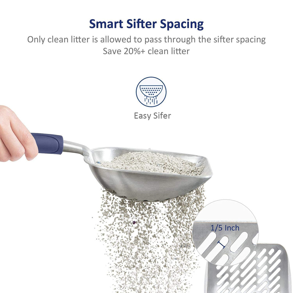 WePet Cat Litter Scoop, Aluminum Alloy Sifter, Kitty Metal Scooper, Deep Shovel with Diagonal Sifting Hole, Long Handle, Kitten Poop Lifter for Litter Box, Medium Size, Blue Handle