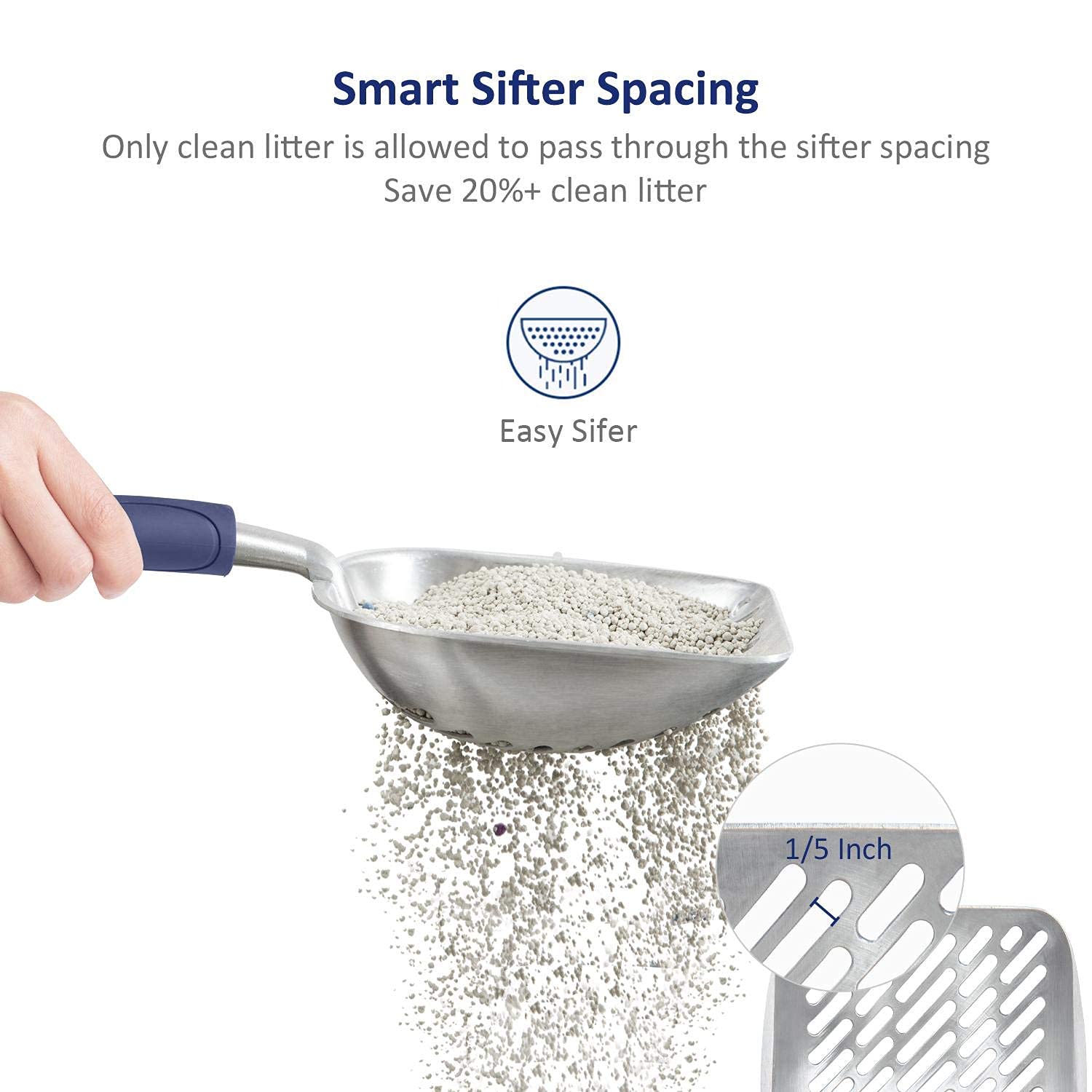 WePet Cat Litter Scoop, Aluminum Alloy Sifter, Kitty Metal Scooper, Deep Shovel with Diagonal Sifting Hole, Long Handle, Kitten Poop Lifter for Litter Box, Medium Size, Blue Handle