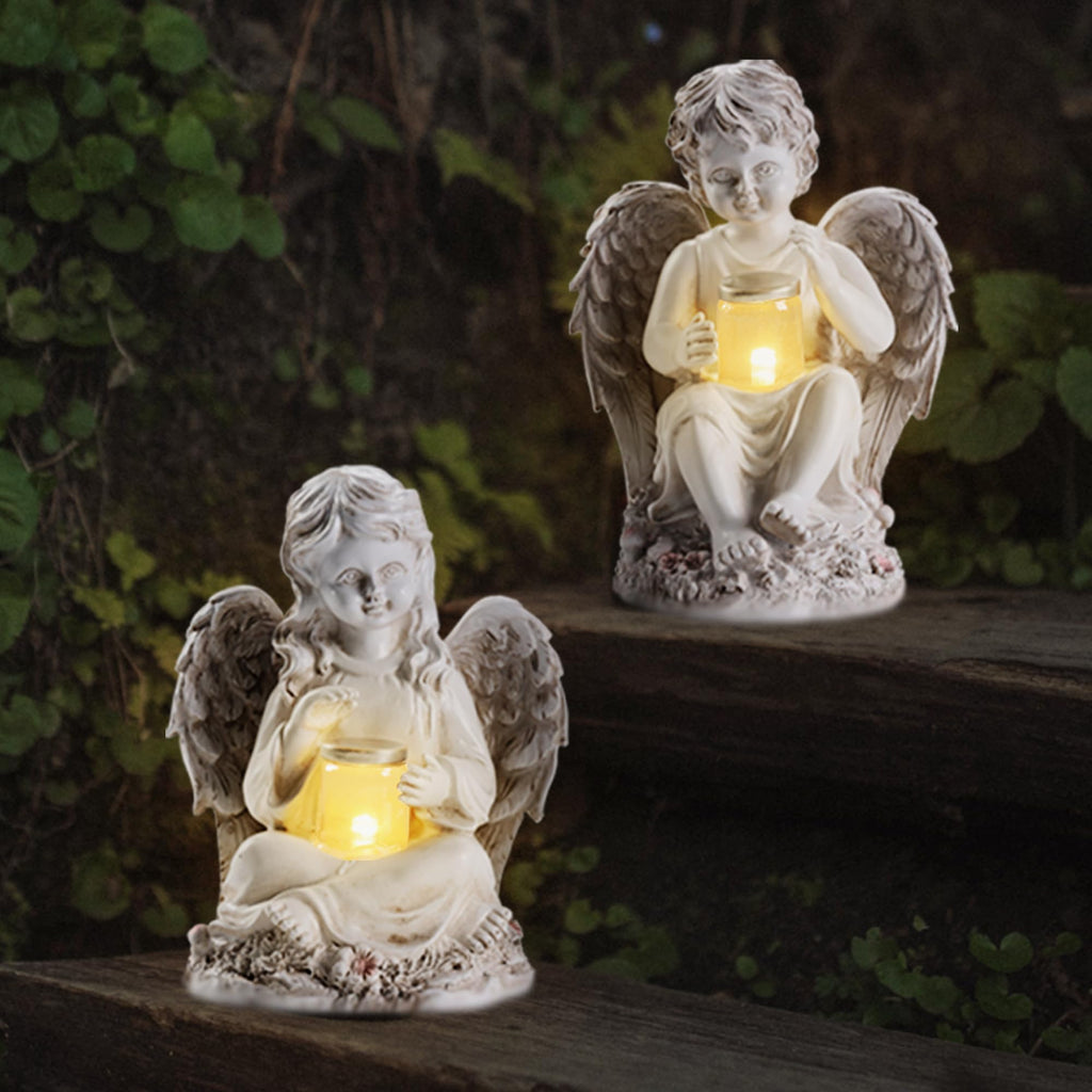 2 Pack Outdoor Angel Statue Garden Decor, Classic Solar Angel Figurine Decoration for Yard Art Indoor Porch Home Lawn Outside Light up Cherub Sculpture Guardian Wings Angel Memorial Gifts Christmas