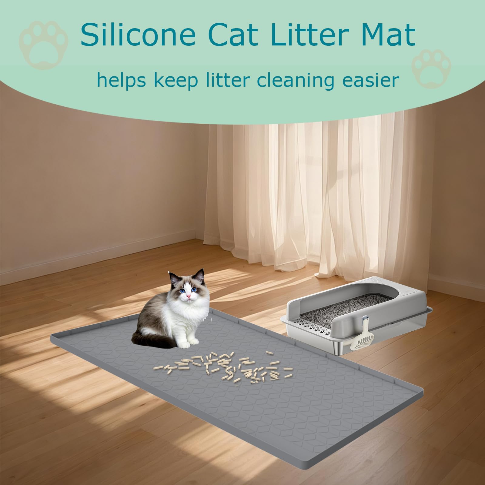 Jacooxi Cat Litter Mat for Litter Box, Silicone Large Cat Litter Trapping Mat - 31x22 in, Waterproof & Non-Slip, Durable & Easy Clean, Gray