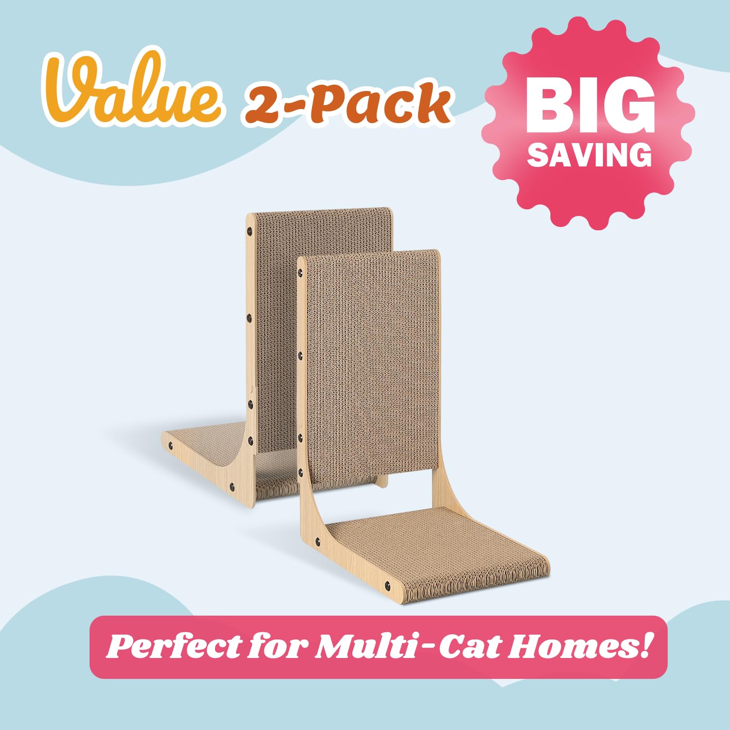 Zakkart 2-Pack Cat Scratching Board, 19.7'' Tall Cardboard L Shape Vertical Cat Scratchers for Indoor Cats, Cat Scratching Post for Wall and Couch, Medium