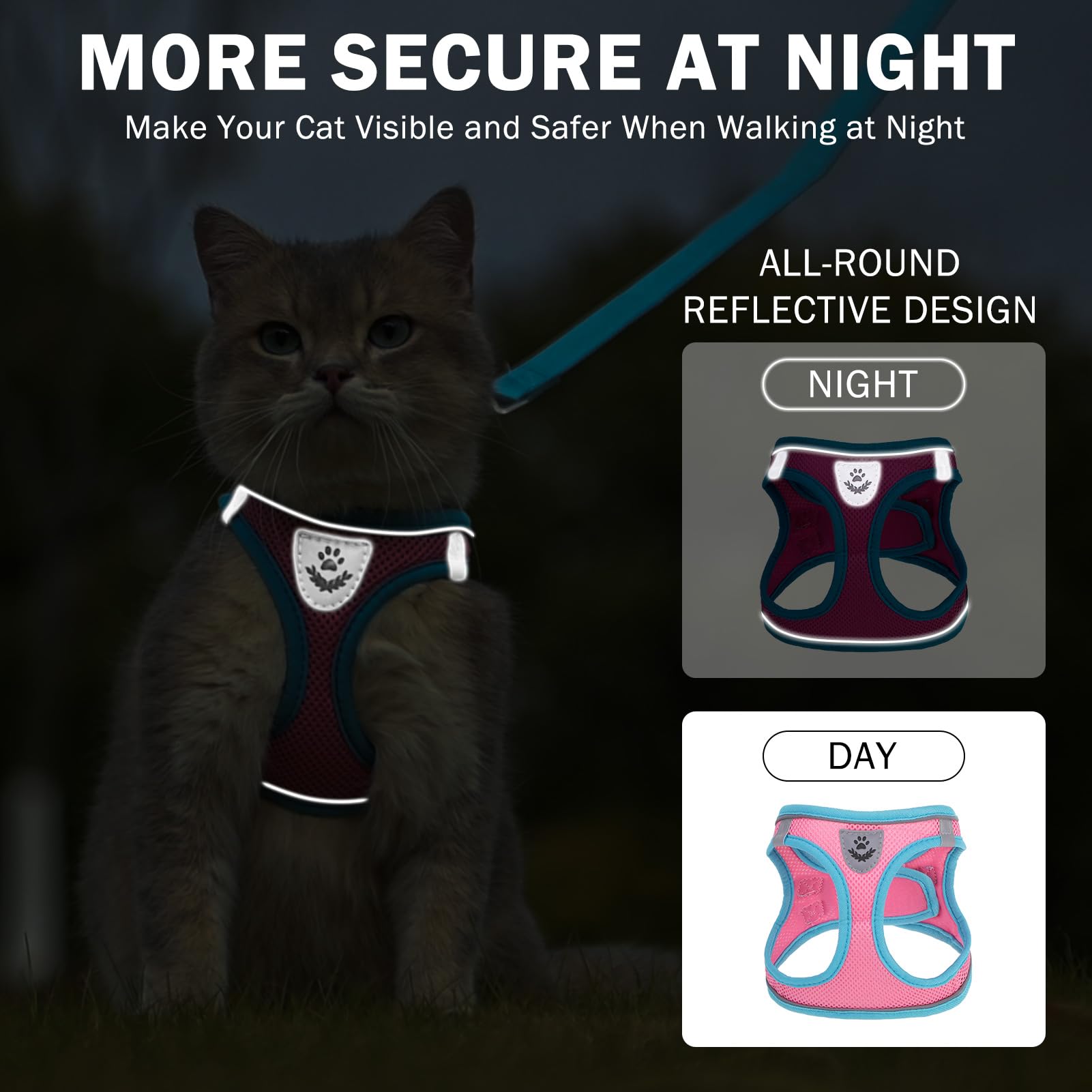 SCENEREAL Cat Harness and Leash Set Escape Proof, Adjustable Soft Air Mesh Kitten Harnesses for Girls Boys Small Medium Big Cats, Reflective Light Travel Pet Walking Vest for Puppy Rabbit, Pink L