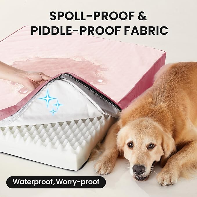 OhGeni Orthopedic Waterproof Dog Bed for Large Dogs, Machine-Washable Removable Cover in Easy-Clean Fabric, High Density Foam & Easy-Carry Handle, Suitable for Crate, 41 inch (Pink)