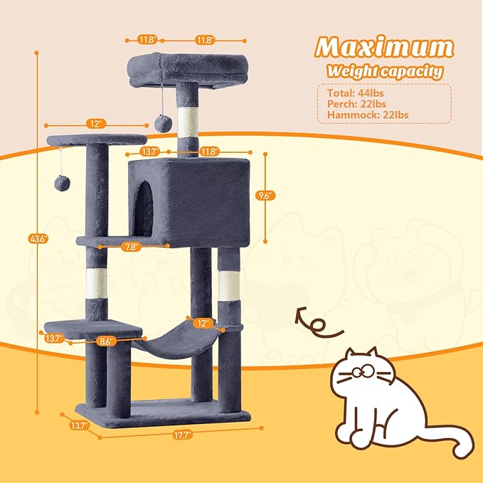 DUMOS 44 Inch Cat Tree Tower with Natural Sisal Scratching Posts