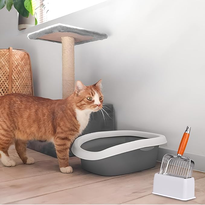TabifurKitc Rustproof & Unbreakable 304 Stainless Steel Metal Cat Litter Scoop with Holder Stand, One-Piece Pressed Design with No Welds, Easy Bottom Scooping, Reinforced Anti-Break Handle