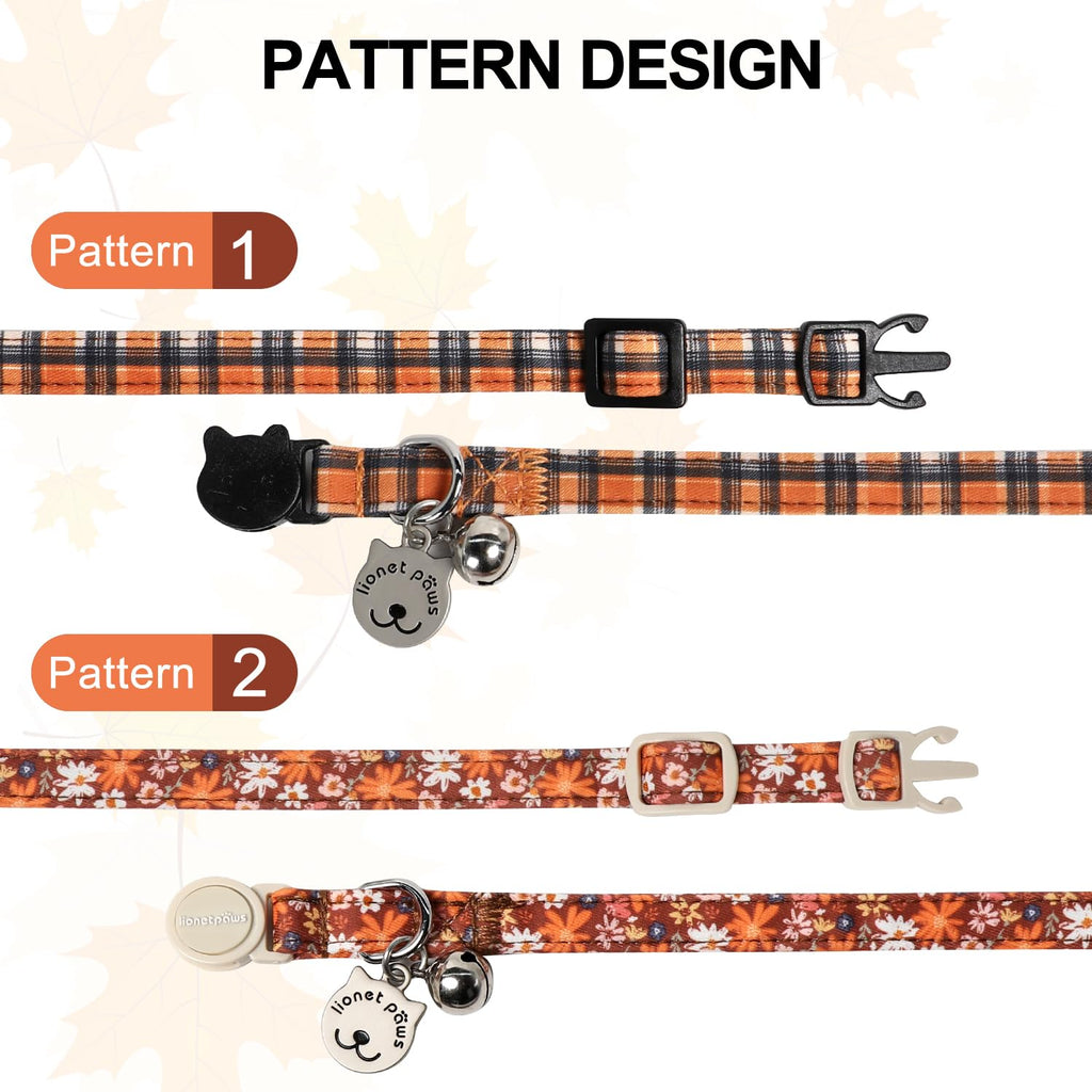 Lionet Paws 2pcs Pack Halloween Cat Collar,Brown Blossoms and Black Brown Grid with Breakaway Buckle,Cute Adjustable Cat Kitten Collar,Ideal for Girl Cats