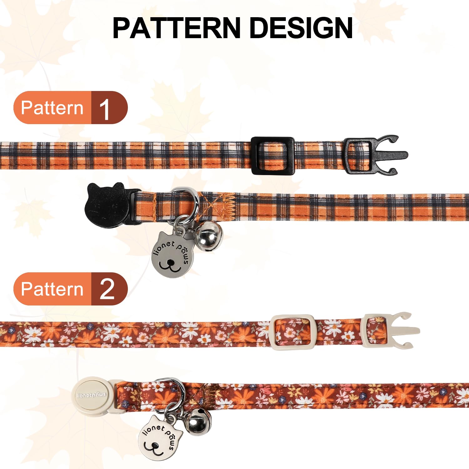 Lionet Paws 2pcs Pack Halloween Cat Collar,Brown Blossoms and Black Brown Grid with Breakaway Buckle,Cute Adjustable Cat Kitten Collar,Ideal for Girl Cats