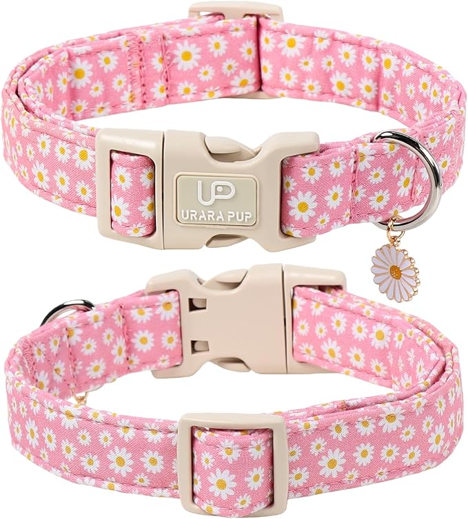 UP URARA PUP Daisy Dog Collar, Summer Cotton Dog Collar with Quick Release, Gift Pink Collars for Small Medium Large Girls or Boys Dogs Cute Durable Comfortable Pet Collars