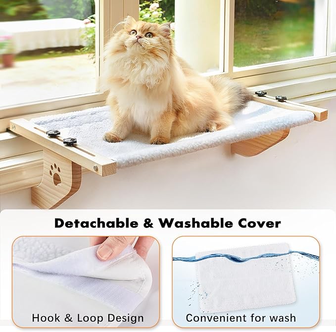 AMOSIJOY Cat Windowsill Perch with Wood & Metal Frame for Large Cat, 21.7in