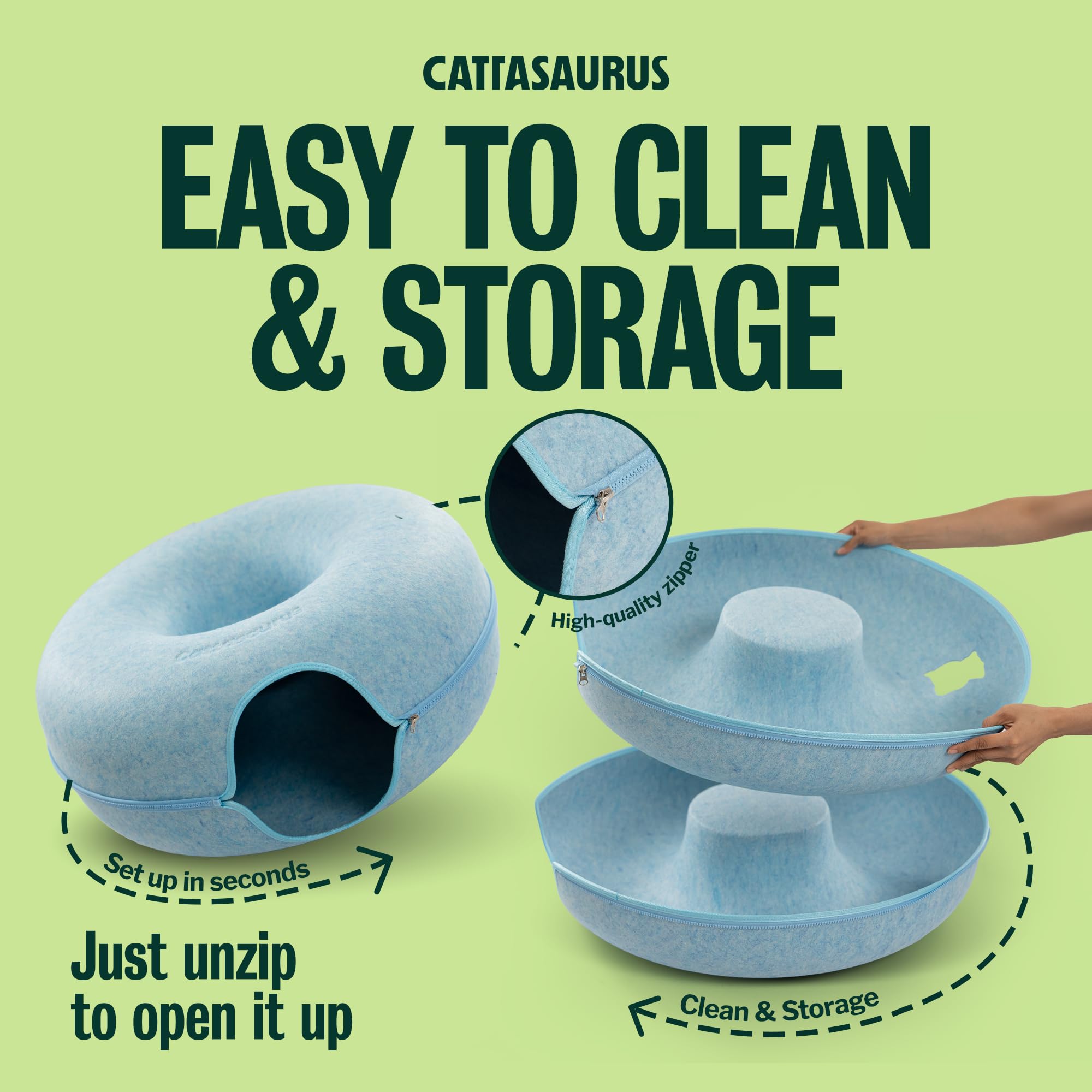 Cattasaurus Peekaboo Cat Cave Donut for Multiple & Large Cats up to 30-45 lbs, 3-in-1 Self Warming Cat Bed, Tunnel & Scratcher for Indoor Cats, Washable & Detachable Small Dog Bed (Blue, Jumbo)
