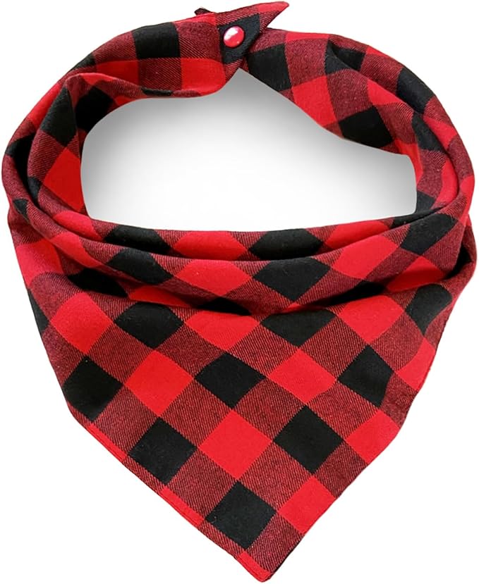Christmas Plaid Bandana with Button, Fall Soft Cotton Triangle Dog Scarf Kerchief - Adjustable, Washable, Dual Layer for Small to Extra Large Dogs, Boys & Girls