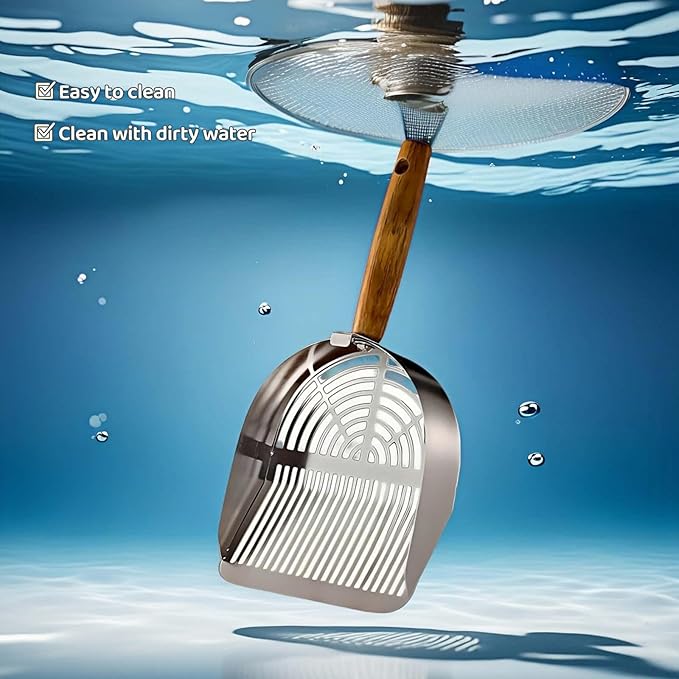 Premium Stainless Steel Cat Litter Scoop-Triple Guard Walls&Non-Stick Design,Silver,Flat Shovel Head Design Solid Deep Edge Wood Handle,Dual Hooks 1Pack,6.1x5.3inch (Silver long strip) (Silver)