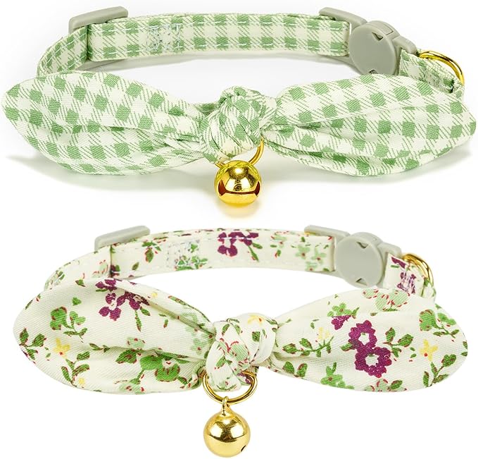 YUDOTE Bowtie Cat Collar with Bell, 2 Pack Cotton Breakaway Kitten Collars with Removeable Bow Stylish Cat Collars, Floral Green & Plaid