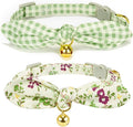 YUDOTE Bowtie Cat Collar with Bell, 2 Pack Cotton Breakaway Kitten Collars with Removeable Bow Stylish Cat Collars, Floral Green & Plaid