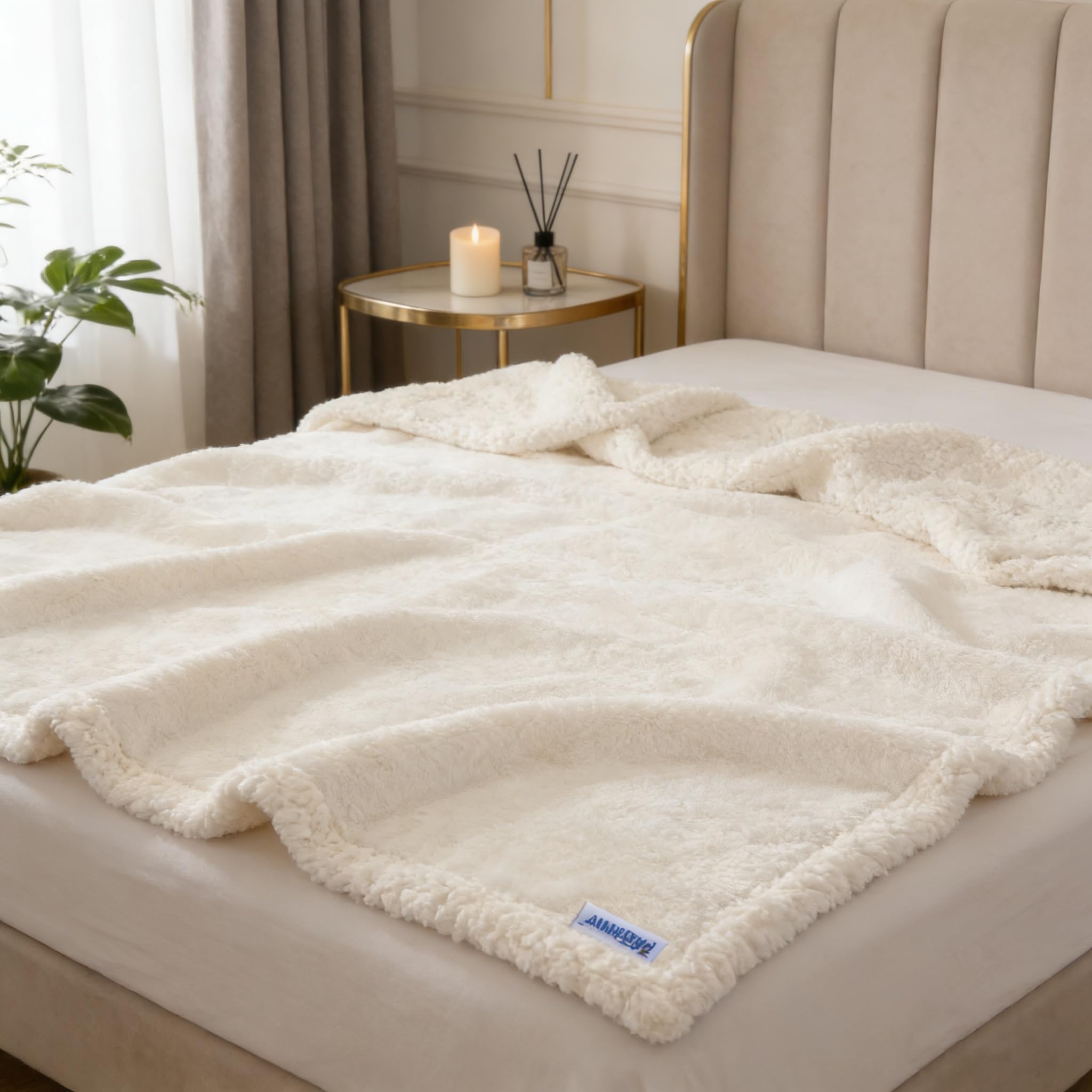 ZAKAPAWS Waterproof Dog Blanket for Large Dogs - Reversible Washable Pet Blanket, Soft Sherpa Fleece Furniture Protector, Cat Throw Bed Couch, Cream, 60"x80"
