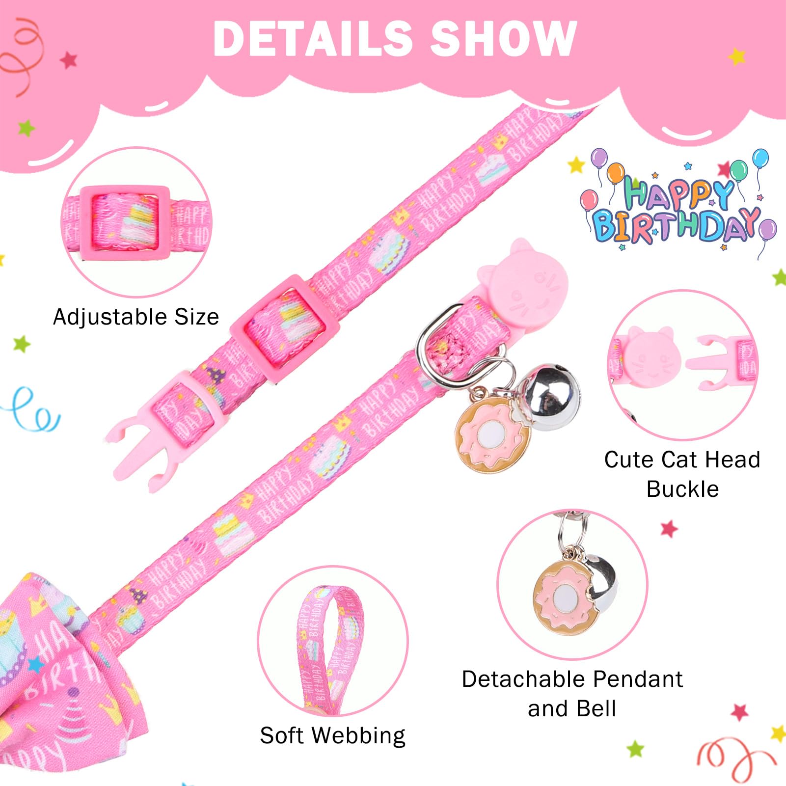 SCENEREAL Cat Bandana Collar for Birthday - 2 Pack Breakaway Kitten Collars With Bell Bowtie, Accessories for Pets, Adjustable Cute for Cats and Small Dogs Boys Girls, (Pink)