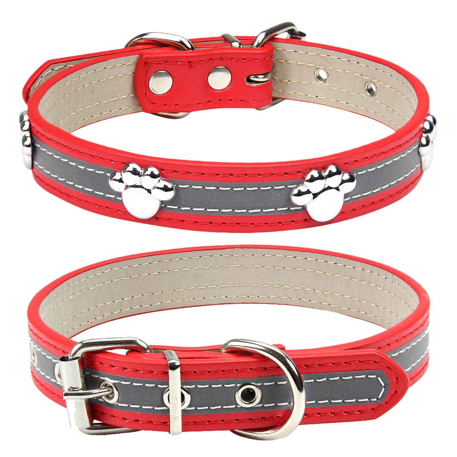 PETCARE Reflective Dog Collar with Cute Paw Rivet Studded Funny Soft PU Leather Adjustable Puppy Dog Collars for Small Medium Large Dogs Cats (Red,Small)