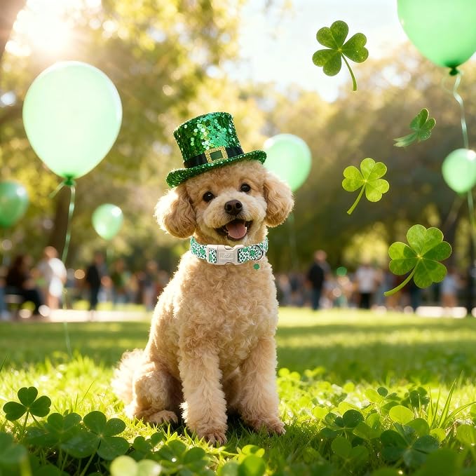 Babole Pet St Patricks Day Dog Collar for Large Dogs - Leopard Lucky Clover Dog Collars, Lightweight Adjustable Irish Green Festival Shamrock Dogs Collars with Quick Release Buckle L