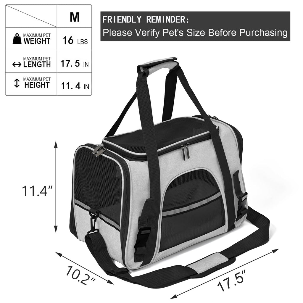 SURILEHEGE Dog Cat Carrier Soft for Small Pet Up to 16 Lbs TSA Airline Approved Travel Carrier Collapsible Puppy Car Mesh Bag 17.5 * 10.2 * 11.4 inch - Grey & Black