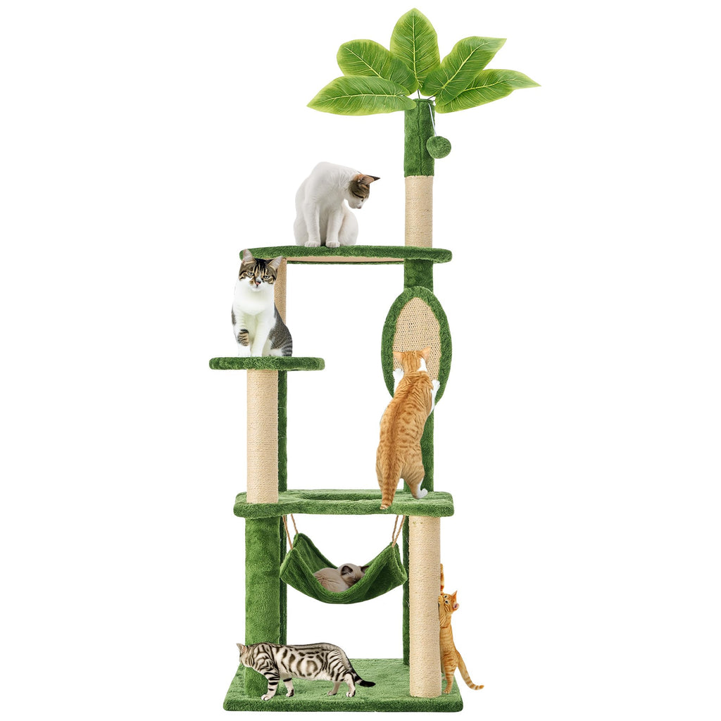 TSCOMON Cat Tree for Indoor Cats, 55 Inch Cat Tower with Rotating Scratching Board, 4 Sisal Posts & Leaf Top Design, Modern Cat Furniture for Multiple Cats (No House), Green
