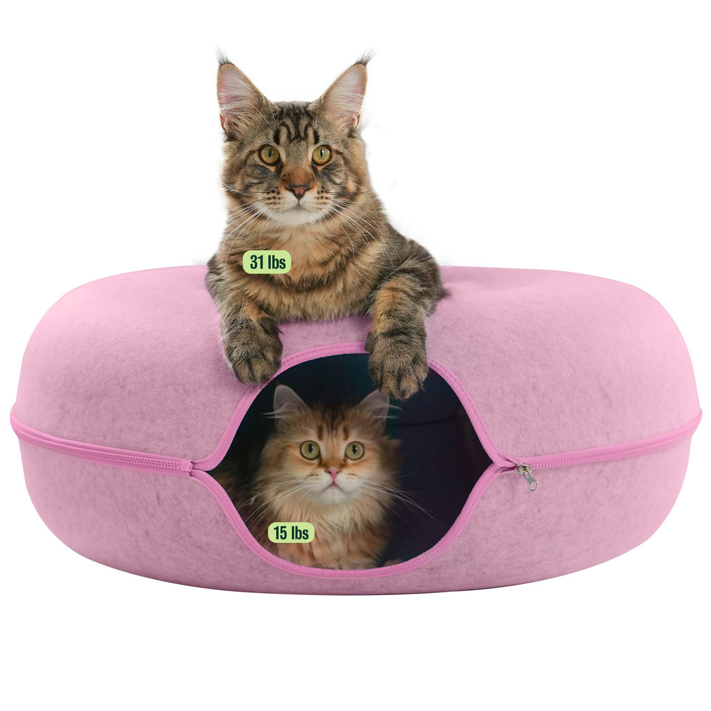 Cattasaurus Peekaboo Cat Cave Donut for Multiple & Large Cats up to 30-45 lbs, 3-in-1 Self Warming Cat Bed, Tunnel & Scratcher for Indoor Cats, Washable & Detachable Small Dog Bed (Pink, Jumbo)
