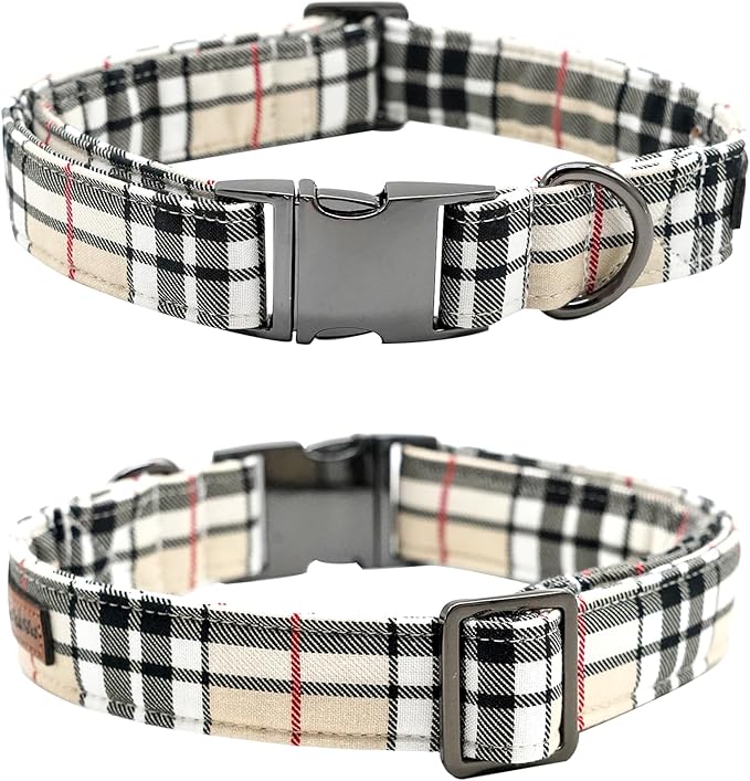 Bobo Rainbow Classic Beige Plaid Dog Collar with Bow for Small Puppy