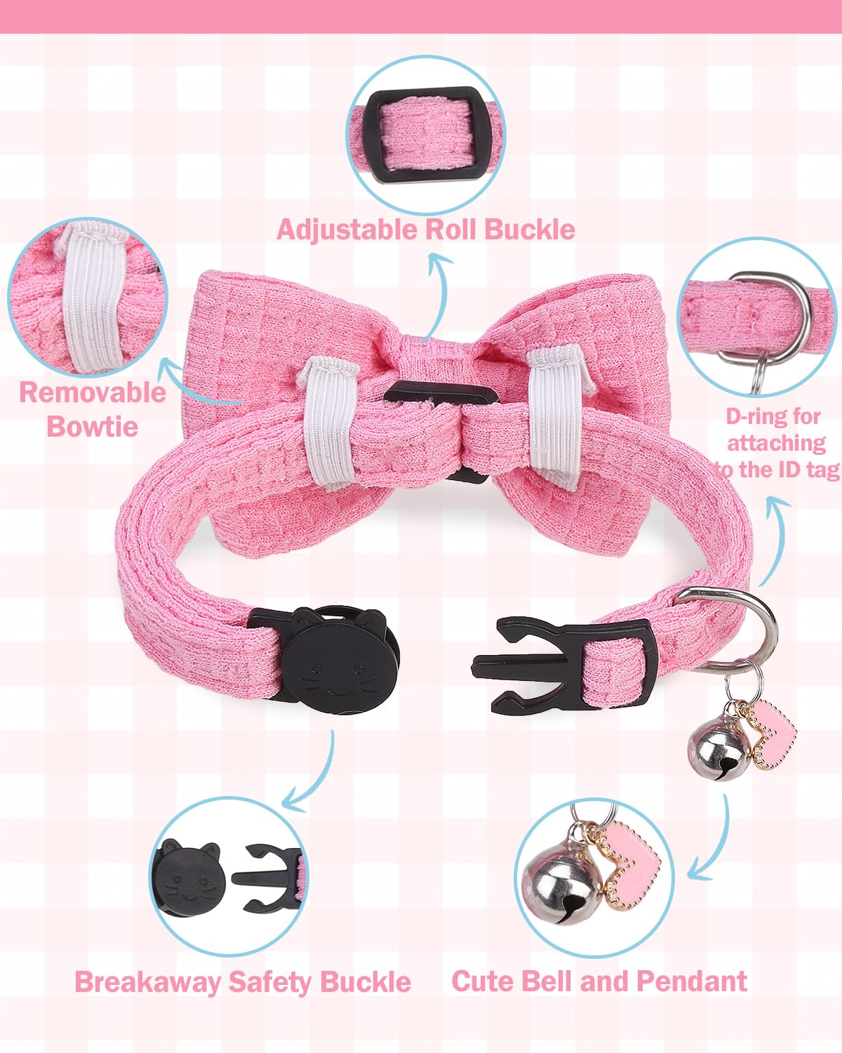 DILLYBUD Cat Collar Breakaway with Bells, Soft Cotton Pink Cat Bowtie Collar for Girl Cats, Small Cats Collar with Bow for Spring Summer, 2 Pack Cute Kitten Collars with Removable Bowtie 8-12Inch