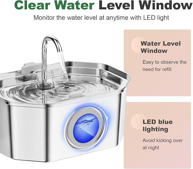 Cat Water Fountain, Apauk 108oz/3.2L Silent cat Water Fountain Stainless Steel, Cat Fountain, Automatic Pet Water Fountain,Dog Bowl, Controllable Blue Light - (2 Filters& 2 Sponges)