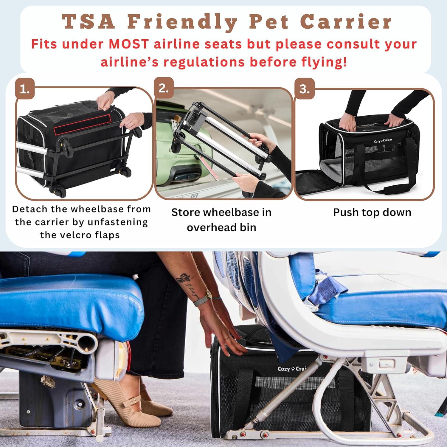 Cozy Cruiser Airline Approved Top-Expanding Pet Carrier on Wheels- Rolling Carrier- Designed for Dogs & Cats- Extra Spacious Soft Lined Carrier! 18x11x11 (Original Mesh Sides)
