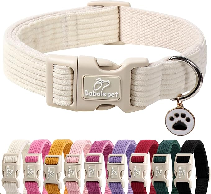 Babole Pet Cute Corduroy Dog Collar - White Adjustable Dog Collars for Medium Dogs 25-50lbs, Fade-Proof with Secure Snap & Little Charm, Christmas Birthday Gift, M
