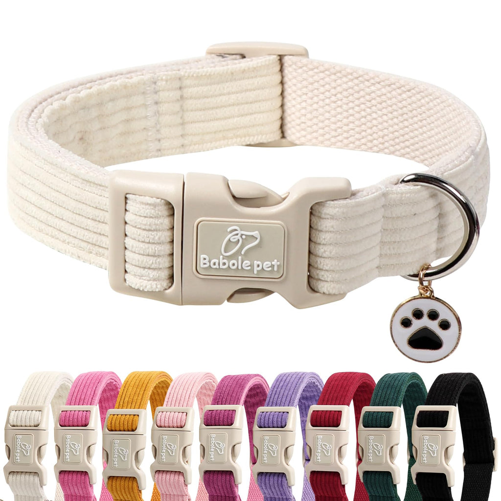 Babole Pet Cute Corduroy Dog Collar - White Adjustable Dog Collars for Small Dogs 10-25lbs, Fade-Proof with Secure Snap & Little Charm, Christmas Birthday Gift, S