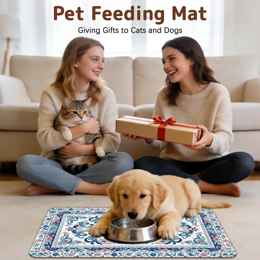 Dog Food Mat for Bowls, Absorbent Quick Dry Dog Cat Mats for Food and Water, Non-Slip Backing Pet Mat Pet Supplies - Blue Vintage Floral Pattern
