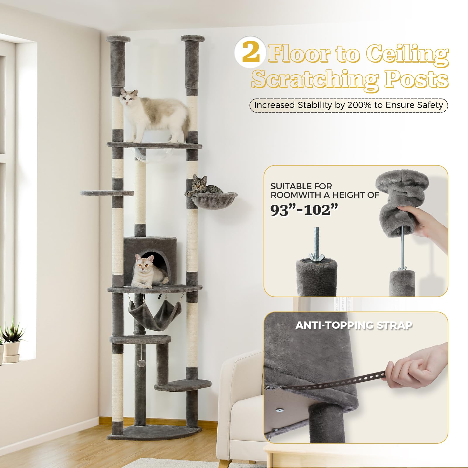 PETEPELA Floor to Ceiling Cat Tree, 92.9-101.6" Tall Cat Tower, Gray