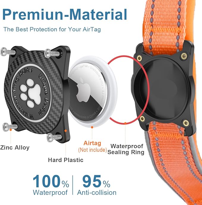 OKVSKO Airtag Dog Collar with Waterproof Air Tag Holder, Luminous Reflective, Soft Padded, Adjustable Nylon Pet Collar for Small Medium Large Heavy Duty Dogs,Orange, XL