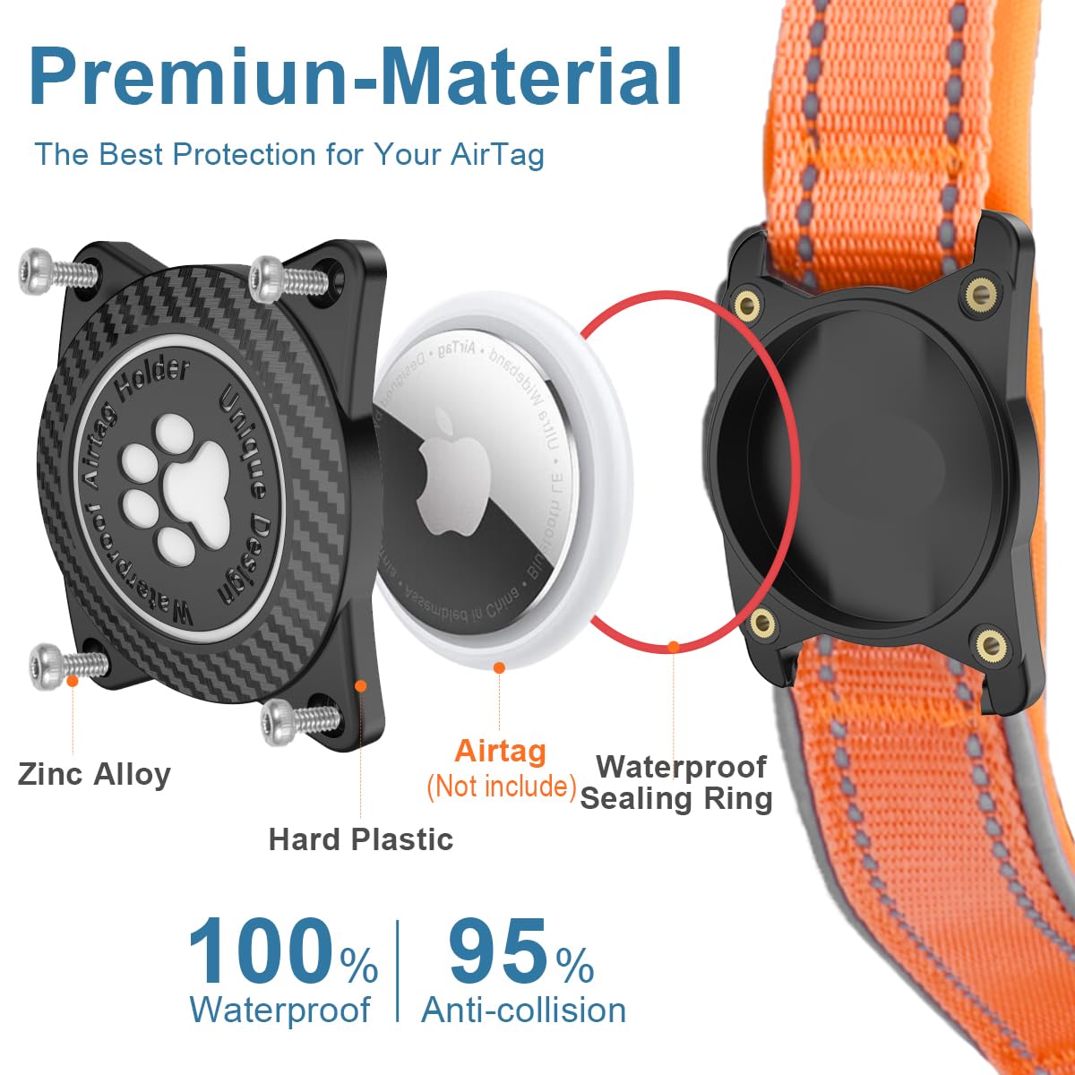 OKVSKO Airtag Dog Collar with Waterproof Air Tag Holder, Luminous Reflective, Soft Padded, Adjustable Nylon Pet Collar for Small Medium Large Heavy Duty Dogs,Orange, M