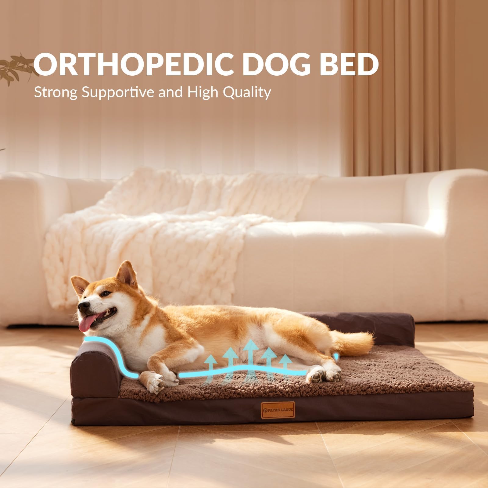 Patas Lague Orthopedic Large Dog Bed Washable Pet Sofa Bed 48''X30''Brown