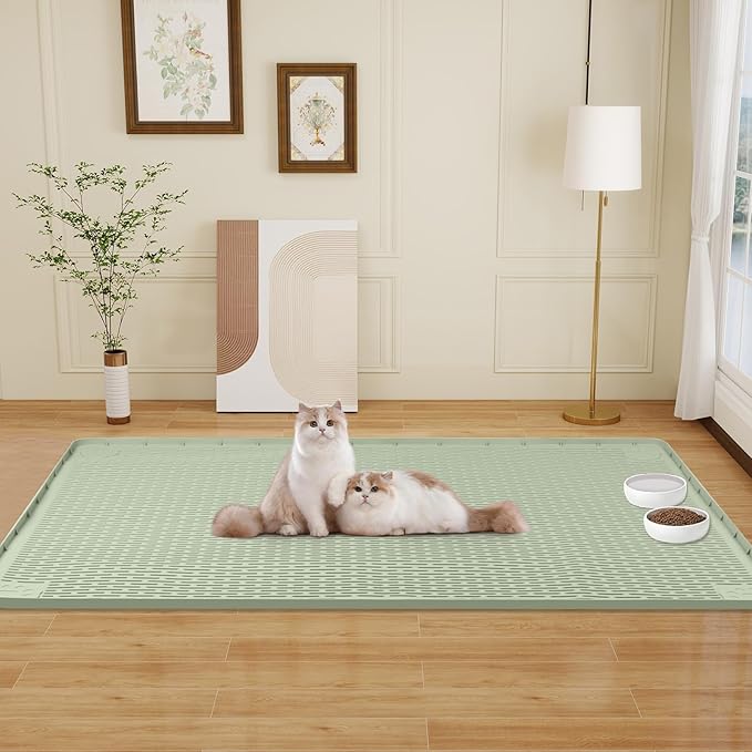 Cat Food Mat, 50" x 35" Extra Large Silicone Pet Feeding Mat with Raised Edge Pet Placemat for Food and Water Bowl Non-Slip, Easy to Clean, Floor Protection (Green)