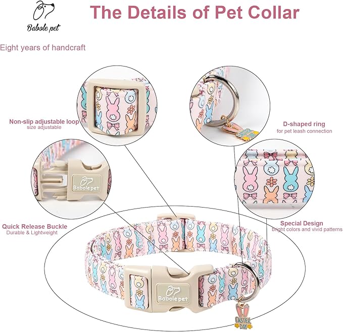 Babole Pet Easter Dog Collar for Puppy Small Dogs - Pastel Easter Bunny Collars for Female Dogs, Cute Spring Girl Dog Collar, Lightweight Adjustable Cartoon Holiday Pet Collars XS