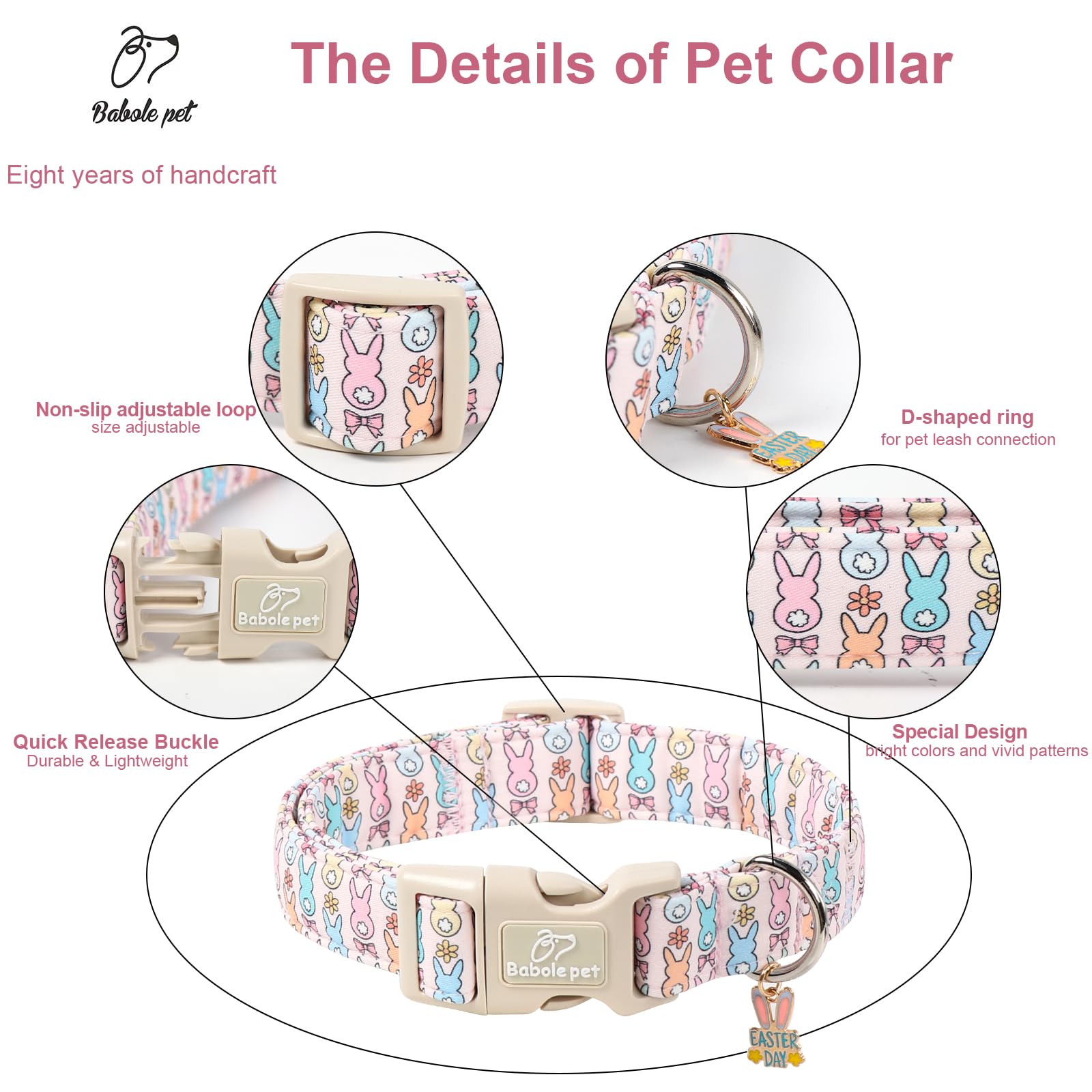 Babole Pet Easter Dog Collar for Small Dogs - Pastel Bunny Easter Collars for Female Dogs, Cute Spring Girl Dog Collar, Lightweight Adjustable Cartoon Holiday Pet Collars S