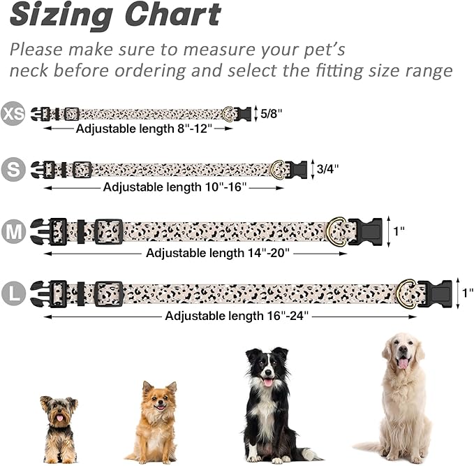 TMOODEL Reflective Dog Collar for Extra Small Dogs, Cute Leopard Style Adjustable Heavy-Duty Nylon Puppy Collar for Boy and Girl Female, Soft Pet Accessories with Quick Release Buckle, Beige