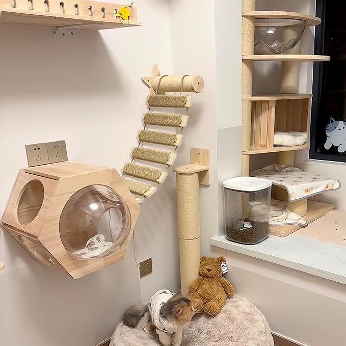 Multi-Functional Cat Ladder & Bridge - Sisal Rope Climbing Frame Wall Furniture for Indoor/Outdoor Cats, Cage Accessories, Parrots, Small Pets (Wood Tone - 40in)