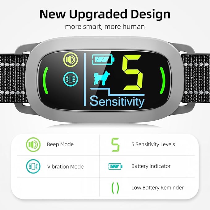 Dog Bark Collar, FAFAFROG Rechargeable Smart Collar, Anti Barking Training Collar with 5 Adjustable Sensitivity Beep Vibration Shock, Bark Collar for Large Medium Small Dogs(Grey)