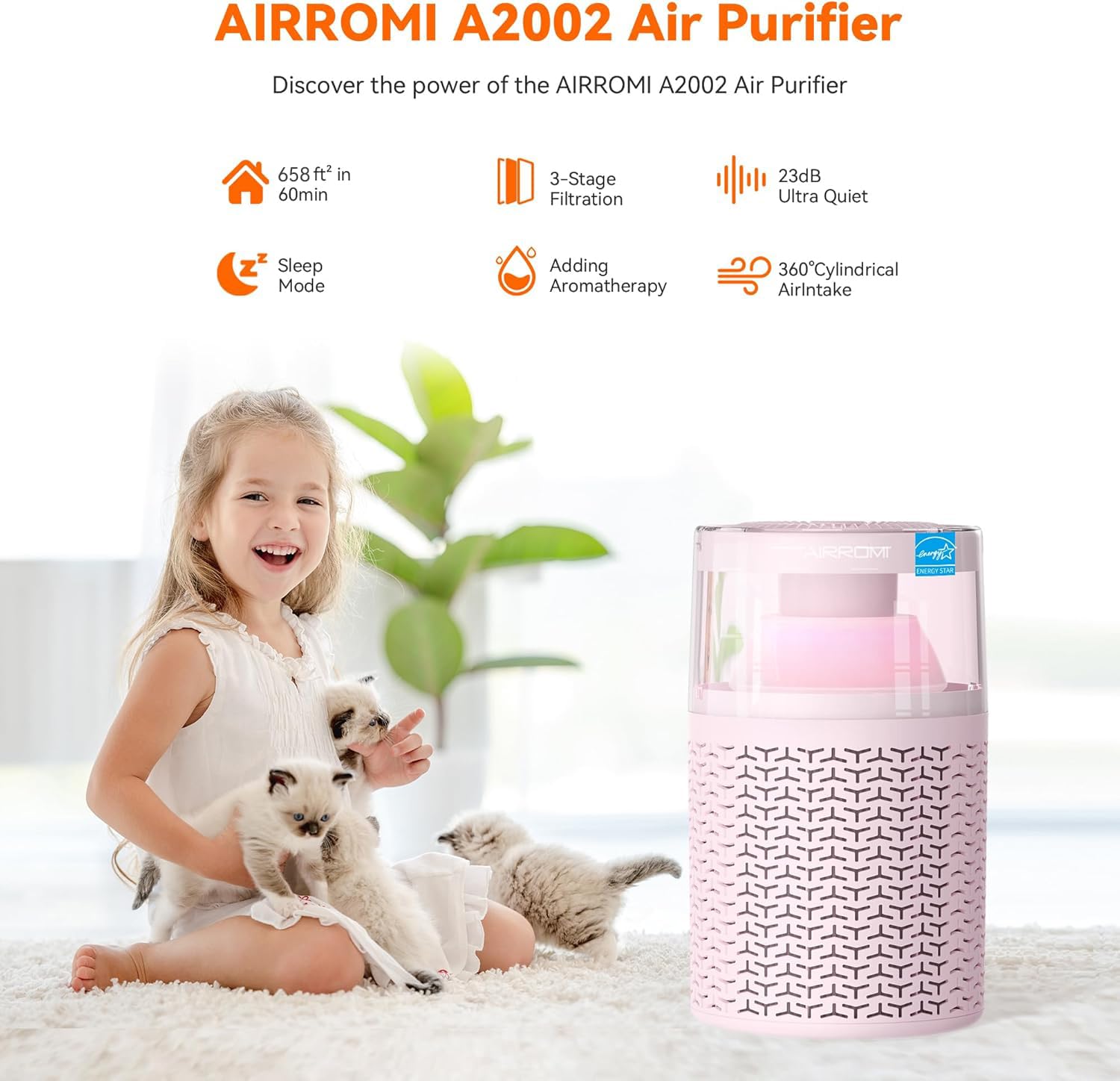 AIRROMI Pet Air Purifier for Home & Bedroom, HEPA Activated Carbon Filter, Removes Pet Dander & Odor, Allergies, Smoke, Hair, Night Light, Fragrance Sponge, Up to 658 ft², A2002 Pink