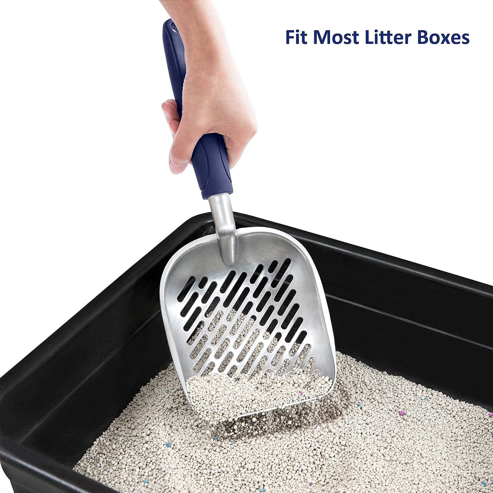 WePet Cat Litter Scoop, Aluminum Alloy Sifter, Kitty Metal Scooper, Deep Shovel with Diagonal Sifting Hole, Long Handle, Kitten Poop Lifter for Litter Box, Medium Size, Blue Handle